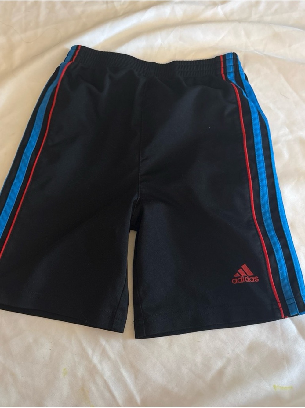 adidas Black Shorts with Blue Stripes and Red Piping